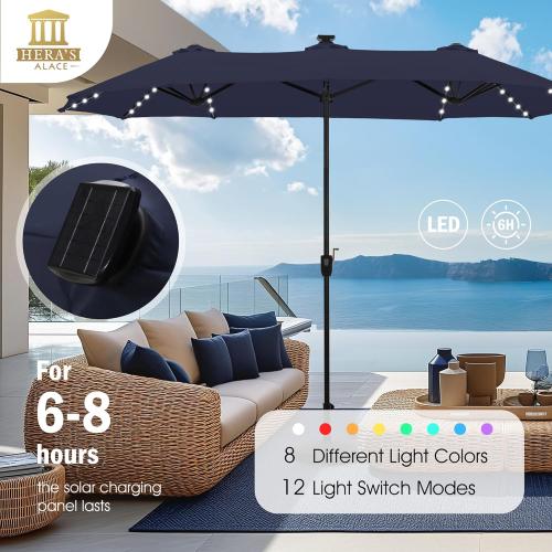 HERA'S PALACE 13ft Patio Umbrella with 120 LED Solar Lights Double Sided Outdoor Umbrella for Patio 8 Colors Changing Table Umbrella Outdoor Patio for Garden Pool