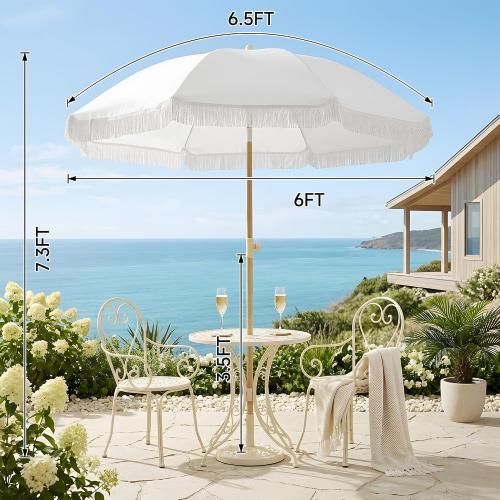 6.5FT Boho Patio Umberlla with Fringe,UPF50  Outdoor Umbrella with Fiberglass Ribs and Push Button Tilt,Tassels Umbrella for Beach,Terrace,Picnic
