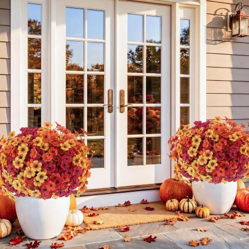 Powbrace 22 Pack Artificial Fall Flowers Mums for Outdoor Indoor(Fall Mix) | Fake Mums Plants Faux Fall Silk Flowers for Outdoors Outside Front Porch Hanging Planter Window Box Garden Fall Decoration