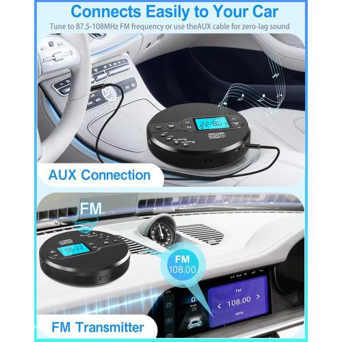 Portable CD Player with Bluetooth, Disman CD Player for Car with FM Transmitter, Rechargeable CD Player Portable with Anti-Skip Protection, Headphones, AUX/USB Supported, LCD Display(Black)