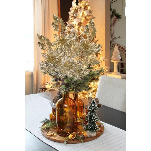 6 Pcs Christmas Tree Picks 25 Inch Glitter Christmas Flowers Poinsettia Glitter Christmas Picks Sprays with Flowers Holly Leaves Pine Needles for Xmas Tree Ornaments Fireplace Wreath - Champagne