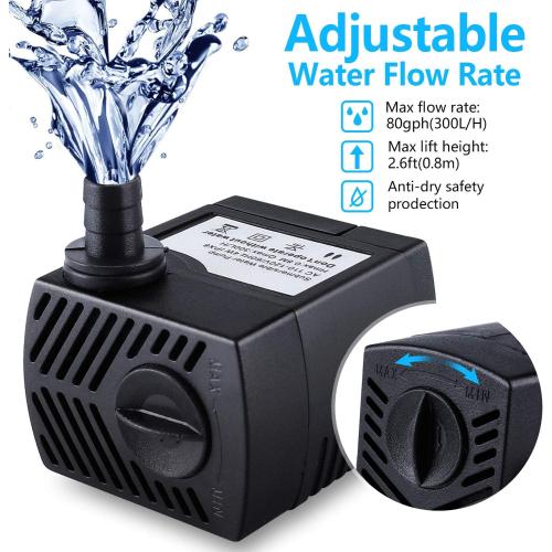 Fountain Pump, 2 Packs 80GPH(4W 300L/H) Submersible Water Pump, Durable Outdoor Fountain Water Pump with 7.2ft（2.2m） Power Cord, 3 Nozzles for Aquarium, Pond, Fish Tank, Water Fountain Pump