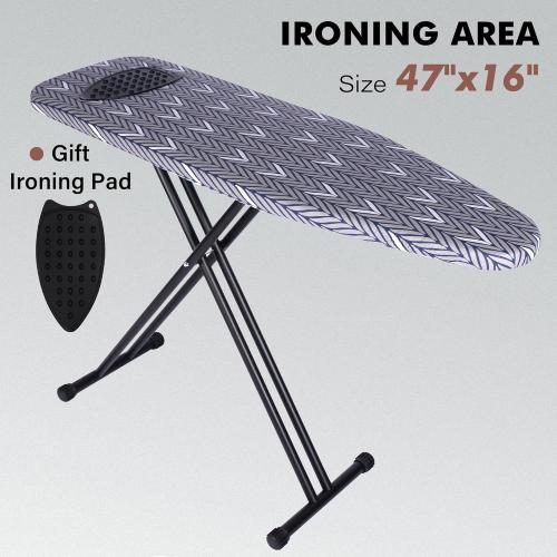 Size 47x16 Ironing Board Full Size, Metal Construction Iron Board with Extra Thick Heavy Duty Padded Cover, Stable Structure, Anti-Skid Feet (47x16)