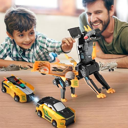 Aimery Collision Transforming Dinosaur Car Toy, 2 Magnetic Cars Convert into Dinosaur Toys,Dino Robot Toy, Boys Toys,Kids Toys, Party Birthday for Kids (Golden)