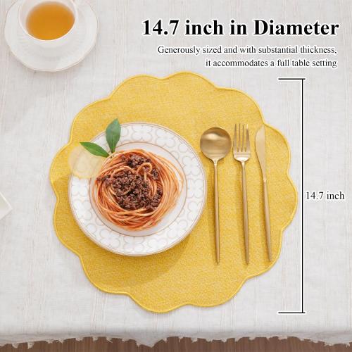 SHACOS Scalloped Round Placemats Set of 6 Polyester Linen Blend 15 inch Washable Non Slip Place Mats Easy Clean Heat Resistant Table Mats for Kitchen Dining Table Decor, Yellow