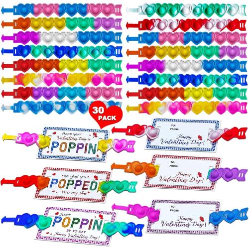 BAOXUE 30 Pack Valentines Day Gifts For Kids Classroom, Pop It Valentines Day Cards For Kids School, Fidget Valentine For Kid Class, Bulk Valentine'S Day Classroom Gift Exchange