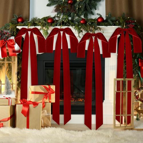 Aneco 6 Pieces Large Burgundy Velvet Christmas Bows 35 x 16 Inch Christmas Swag Bow Pre Tied Fence Staircase Wreath Bows Holiday Tree Topper for Xmas Home Door Outdoor Decorations