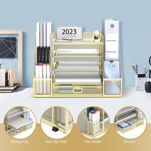 SUPEASY Mesh Desk Organizer with File Holder, 5-Tier Paper Letter Tray Organizer with Magazine Holder, Desktop Organizer and Storage with Drawer for Office Supplies Home or School, Gold