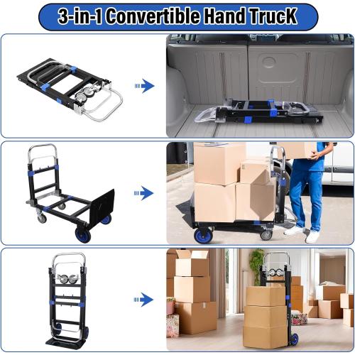 Upgraded 3 in 1 Folding Hand Truck, 600lbs Capacity, Heavy Duty Convertible Dolly with Retractable Handle and 4 Rubber Wheels, Collapsible Cart for Moving Home, Office, Warehouse (Blue)