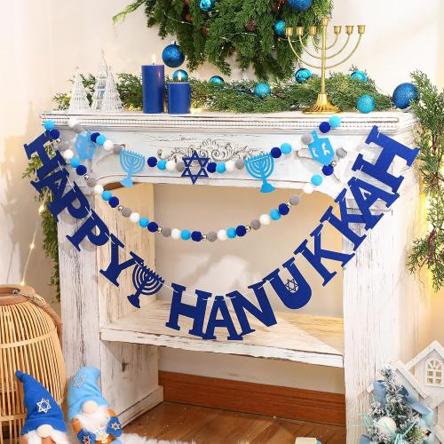 Sumind 3 Pcs Hanukkah Garland Decoration Chanukah Felt Ball Pom Garlands Blue White Hanging Ornament Kit for Hanukkah Holiday and Home Wall Decor Party Supplies