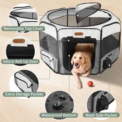 Dog Playpen, Portable Pet Playpen, Puppy Playpen, Cat Playpen with Carrying Case, Dog Playpen for Small Dogs Indoor/ Outdoor, Removable Mesh Shade Cover