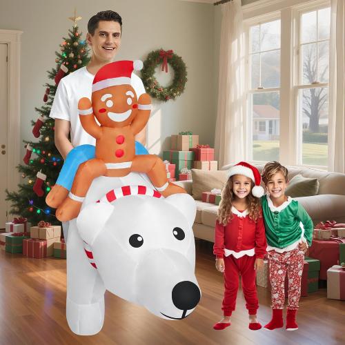 Funny Inflatable Gingerbread Man Riding On Polar Bear Costume Blow-Up Outfit for Adult/Christmas Parade/Halloween