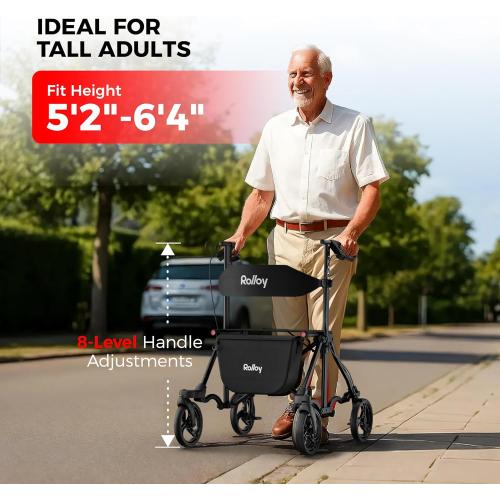 Rollator Walkers for Seniors with Seat, Foldable Travel Rolling Walker, 300lbs Capacity, lightweight Compact Portable Walker with Seat,Adjustable Height for Tall over 6ft,8 Big Wheels(Standard Model)