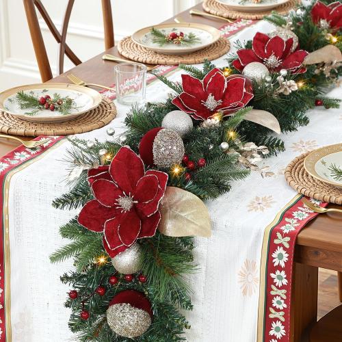 SHareconn 8.9FT Prelit Christmas Garland with Multi-Color LED Lights, Battery-Operated Timer, Includes Flower Ball Poinsettia for Mantle Fireplace Indoor Outdoor Xmas Decor, Red Champagne Gold, 8.9 FT