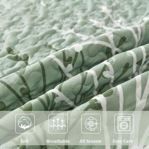 3 Pc Sage Green Quilt Set - Branch Botanical Pattern Bedspread Coverlet Set, 3 Piece Green Floral Quilt Bedding Set Soft Microfiber Daybed Cover for All Season