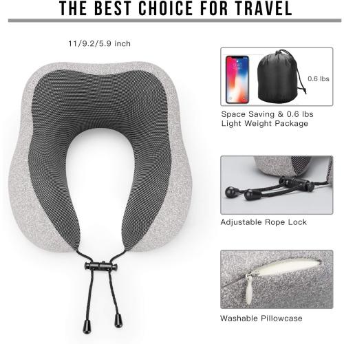 MLVOC Travel Pillow 100% Pure Memory Foam Neck Pillow, Comfortable & Breathable Cover, Machine Washable, Airplane Travel Kit with 3D Sleep Mask, Earplugs, and Luxury Bag,Standard (Grey)