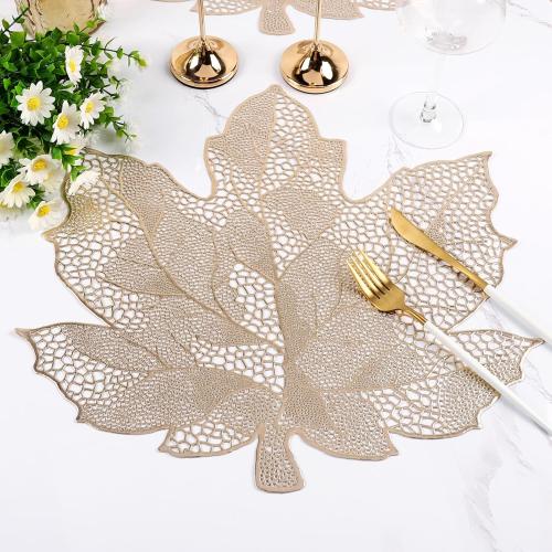 Gold Placemats Set of 8, Vinyl Table Mats Hollowed-Out Leaf Place Mats Dinner Table Decor Mats for Wedding Party Kitchen Decorations
