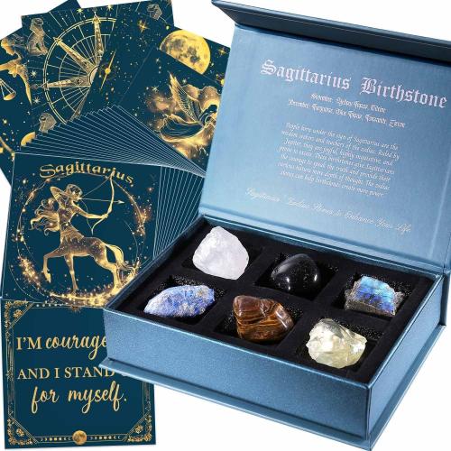 Faivykyd Sagittarius Birthday Crystals Gifts - 6 Sagittarius Zodiac Healing Stones w/ 50 Miracle Mantras Affirmation Cards, Spiritual Gifts for Positive Energy, Self-Care, Love & Wealth