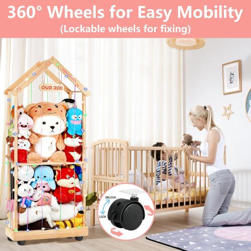 Stuffed Animal Storage Toy Storage Organizer – Doodleable Wooden Stuffed Animal Holder with LED Light, 360° Swivel Wheels for Nursery Playroom Bedroom Kids Room