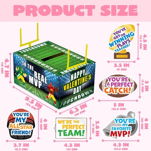 JOYIN Valentine Boxes Football Classroom Mailbox with Cards for Kids, Party Favor School Exchange Prizes with Teacher Card, 4 Designs, 29 Pcs