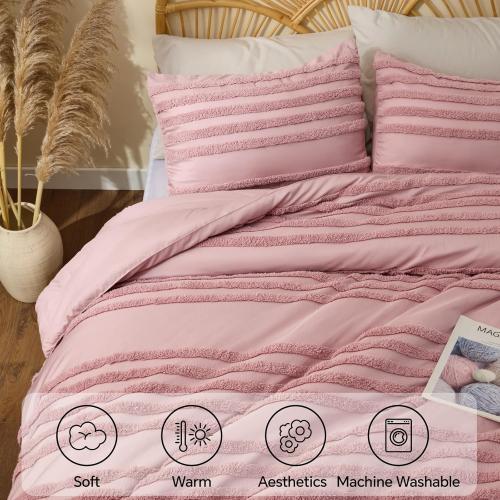 BEDELITE Boho Comforter Set Queen Size, Dusty Pink Tufted Striped Bed Set 3 Pieces, Soft Vintage Farmhouse Comforter for All Seasons, Boho Home Decor,Fluffy Jacquard Bedding with 2 Pillow Shams