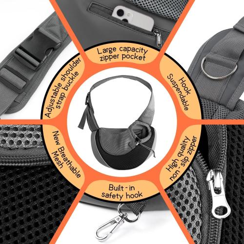 YUDODO Pet Sling Carrier for Small Dogs & Cats – Hands-Free Puppy Carrier with Safety Hook, Large Zipper Pocket, Soft Breathable Mesh, Adjustable Strap & Reflective Strip (Black 1.0 S)