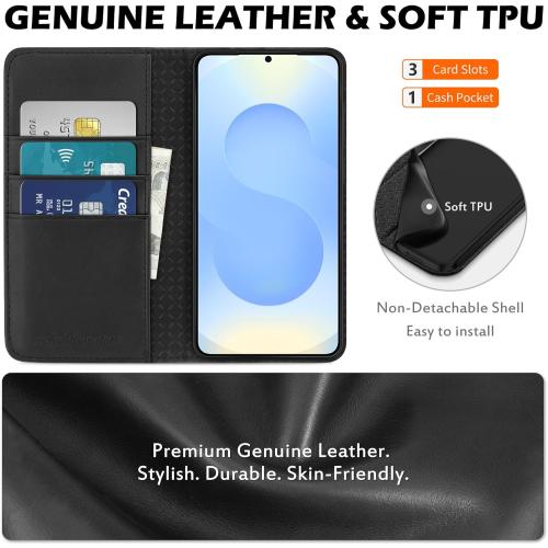 SHIELDON Wallet Case for Galaxy S25 Edge 6.7, Genuine Leather Folio Cover with Kickstand RFID Blocking Card Holder Magnetic Full Protective Case Compatible with Galaxy S25 Edge 2025 - Black