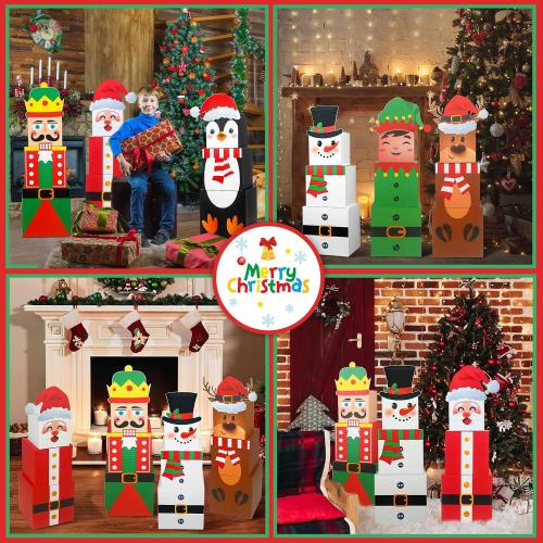 Moinchore 24 Pcs Christmas Gift Boxes Stackable Xmas Decorative Large Snowman, Reindeer, Santa, Nutcracker, Cardboard Nesting Decorations Stacking for Tree Decor