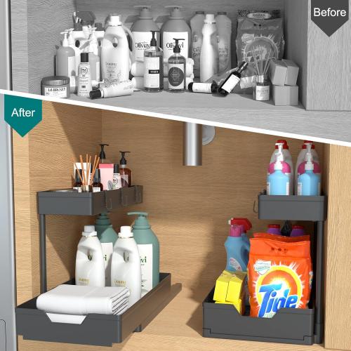 NATURE'S SOURCE 2 Pack Under Sink Organizer 2 Tier Sliding Cabinet Organizers Multi-Purpose Sink Storage Basket L-Shape Narrow Space Storage Shelves with 4 Hook for Kitchen Bathroom Drawer, Black