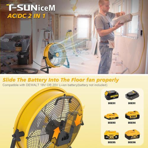 16 Battery Operated Floor Fan for Dewalt 20V Max Battery, Portable Fan with AC Adapter and USB Output, Metal Industrial High Velocity, Stepless Speed Cordless Fan for Jobsite Garage Camping Emergency