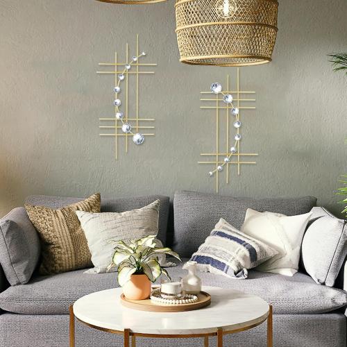 ZEXUIRU 2 Pcs. Abstract Metal Art for Wall Decor Living Room Bedroom Bathroom Office Metal Bling Modern Geometric Hanging Vertical Small Iron Sculpture Plaque Pack -Gold 16.5in