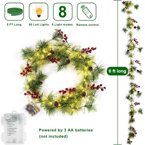 Christmas Garland with Lights, 6 FT Battery Operated Garland with 60 LED Lights, Timer, Lighted Garland with Berries Pine Cones for Mantle Stairs Railing Home Xmas Decoration Indoor