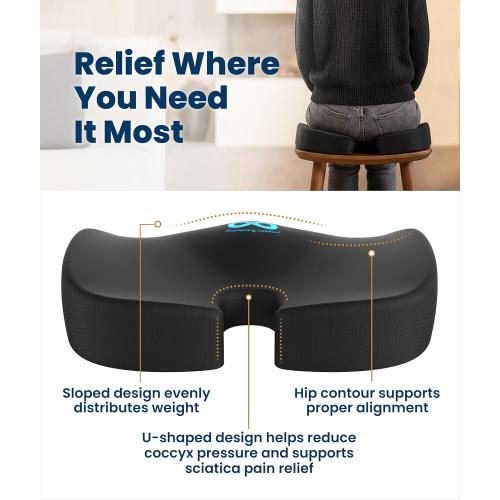 Everlasting Comfort Doctor Recommended Memory Foam Seat Cushion for Office Chairs & Car - Ergonomic Office Desk Accessories - Cushions for Tailbone Pain Relief, Sciatica (Black, Large)