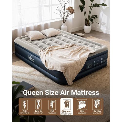 iDOO Queen Air Mattress with Built in Pump, 18 Raised Comfort Inflatable Blow up Mattress, Upgraded Support Structure Portable Air Bed for Camping, Guests and Home, Colchon Inflable, 650lbs Max