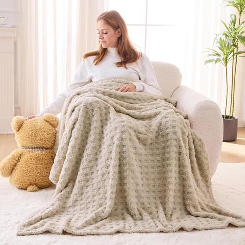 NEWCOSPLAY Super Soft Throw Blanket Linen Premium Silky Flannel Fleece 3D Waffle Checkered Lightweight Bed Blanket All Season Use (Linen, Throw(50x70))