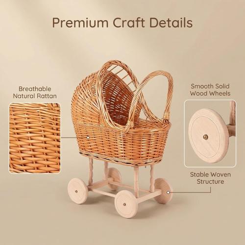 Wicker Flower Girl Basket with Handle, Vintage Rattan Baby Stroller Basket for Wedding Ceremony, Woven Baby Shower Decoration Basket for Church Parties