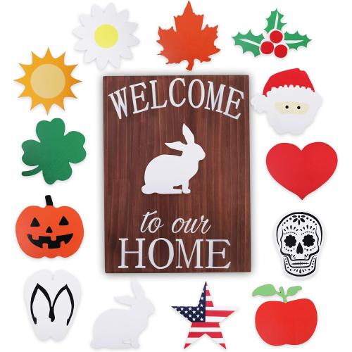 Holiday Welcome Sign for Front Door by Onyx Haus, Easter, Spring Housewarming Gift- Large, Interchangeable Decorations w/ 14 Unique Seasonal Pieces 11x15