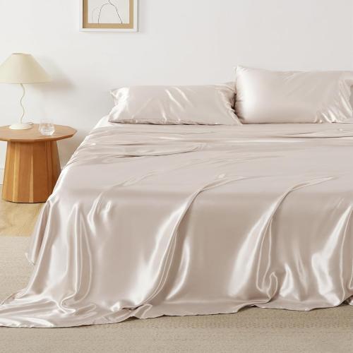 Bedsure Satin Sheets Full Size - 4 Piece Silky Bedsheets with 15 Inches Deep Pocket Fitted Bedsheet,1 Flat Sheet, 2 Satin Pillowcases, Good for Hair & Skin (Full, Beige)