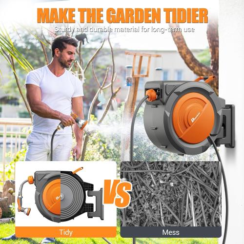 1/2 x 160 ft Retractable Hose Reel, Heavy Duty Retractable Garden Hose Reel Wall Mounted with 10-Pattern Hose Nozzle/Any Length Lock/Slow Return System/180°Swivel Bracket,Orange