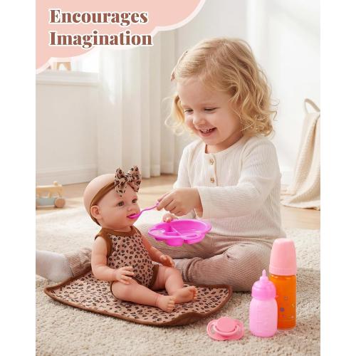 BABESIDE 13Pcs Baby Doll Clothes and Accessories for 10-12 inch Dolls, Baby Doll Feeding and Care Set with Carry Bag, Bottles, Tableware, Baby Doll Outfit for Doll Girl Boy (Leopard Pattern)