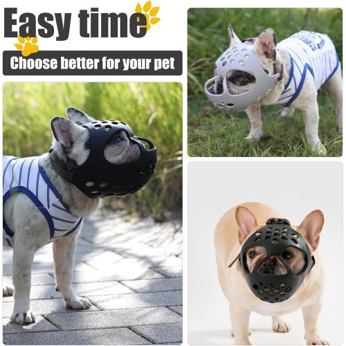 Grey Short Snout Dog Muzzle- Adjustable Soft Silicone Flat Faced Muzzle Bulldog Muzzle Breathable Dog Mask for Biting Chewing Training Licking and Grooming