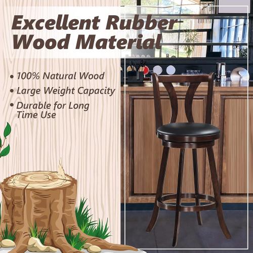 COSTWAY Bar Stools Set of 2, 360-Degree Swivel Stools with Leather Padded Seat, Single Slat Back & Solid Rubber Wood Legs, Counter Height Stools for Pub, Restaurant, Kitchen, Brown (2, 29inch)
