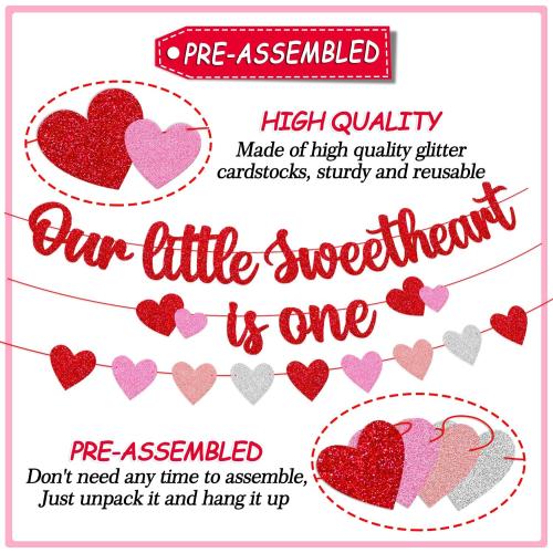 Our Little Sweetheart is One Banner Heart Garland for Kids Valentines Day 1st Birthday Party Decorations Romantic Red and Pink Glitter Party Supplies