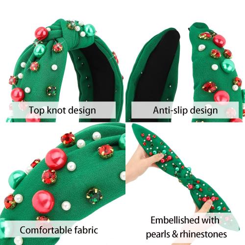 Christmas Headband for Women, Rhinestone Pearl Knotted Headband | Sparkly Top Knotted Head Band Holiday Headbands Fashion Hair Christmas Accessories Cute Green Hair Bands for Women Girls