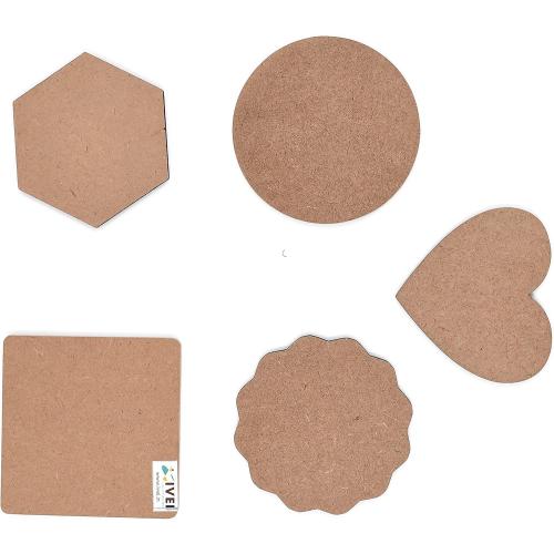 Set of 12 IVEI MDF Board DIY Coasters - MDF Plain Wooden Coasters in Mixed Shapes - Blank Cutouts for Painting, Wooden Sheet Craft Board for Resin Art & Fluid Art, Decoupage, Mandala Art, Pyrography - Set of 12