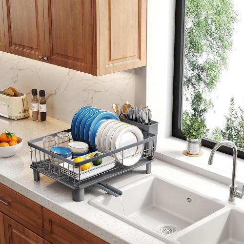 SNTD Dish Drying Rack - Small Dish Rack for Kitchen Counter, Stainless Steel Dish Drainer with Utensil Holder and Drainboard, 11 W x 15 L (Grey)
