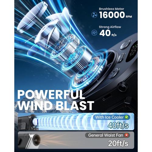 Portable Waist Fan with Ice Cooling, 4-in-1 Clip-On Fan for Car/Shirt/Hat/Belt, 16000RPM Strong Airflow, 12H Runtime, 100 Speed Settings, Wearable Fan for Outdoor Work, Camping, Travel Black