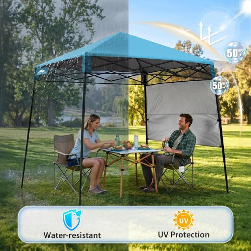 EAGLE PEAK 8x8 Pop Up Canopy Tent with Sidewall, Compact, Portable Slant Leg Instant Sun Shelter for Beach, Sports, & Camping, 8x8 Base 6x6 Top, Light Blue
