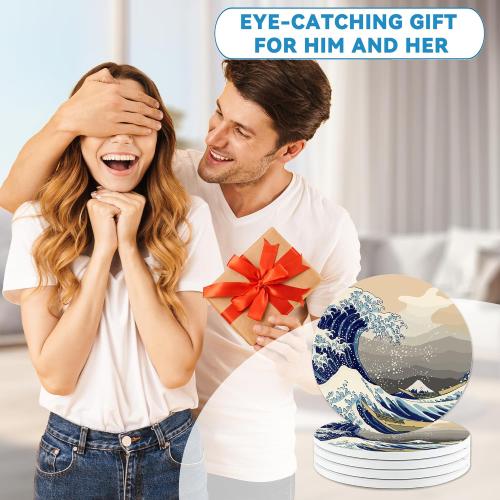 Japanese Style Waves Round 4 Cup Coasters Set of 4, Absorbent Ceramic Coasters with with Cork Backing, Table Home Decor, Gifts for Women Men