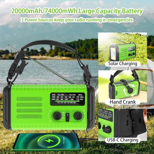 20000mAh Emergency Crank Radio, AM/FM/NOAA Weather Radio Solar Hand Crank, Battery Operated Radio with USB-C Charging, LED Flashlight, Reading Light, SOS Alarm & Compass for Camping/Emergencies